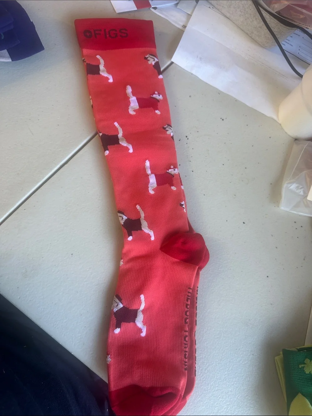 Figs Coral-Red Dog Print High Knee Compression Socks R0184